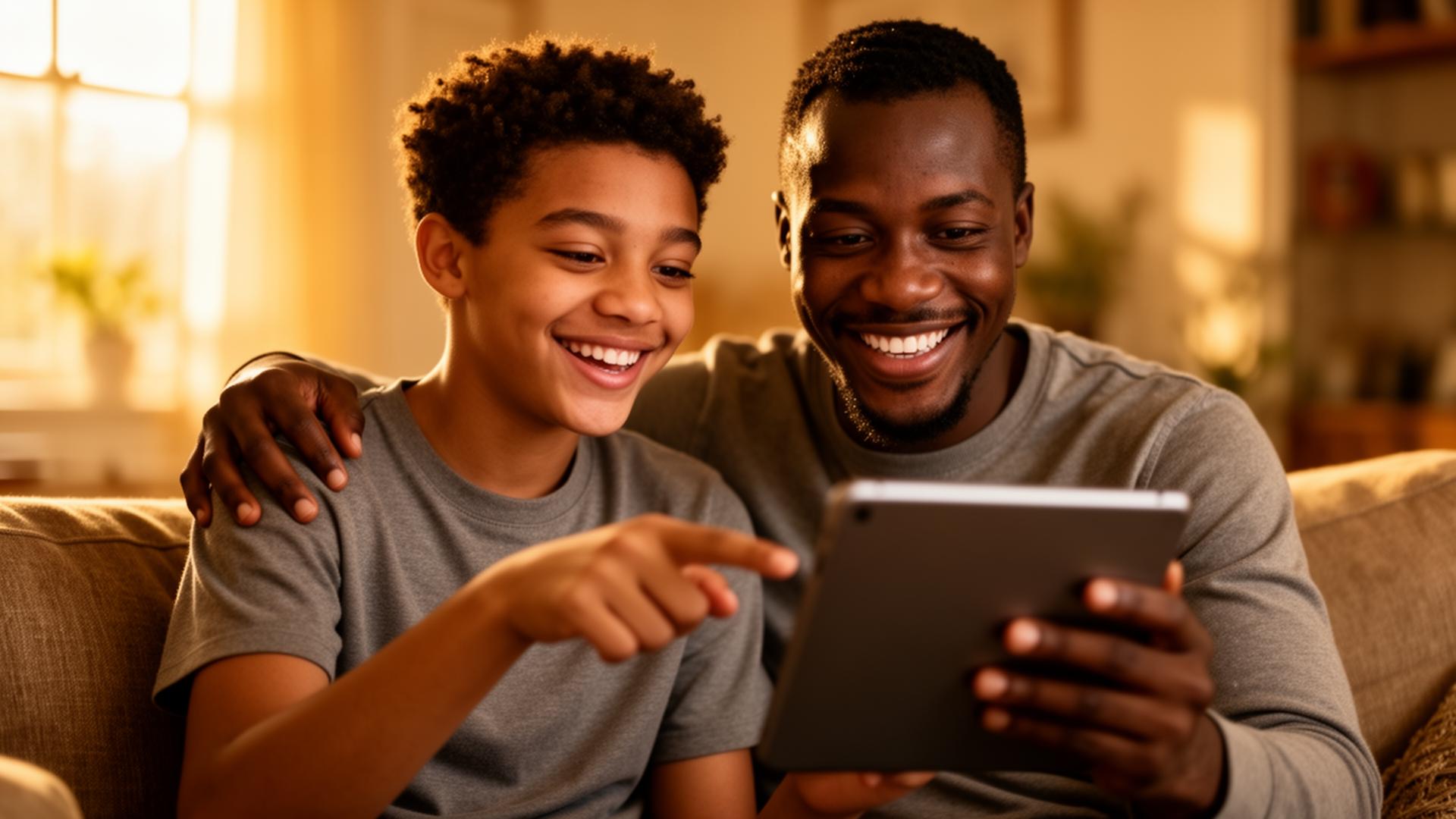 Un père africain et son fils adolescent découvrant SIRA ensemble sur une tablette